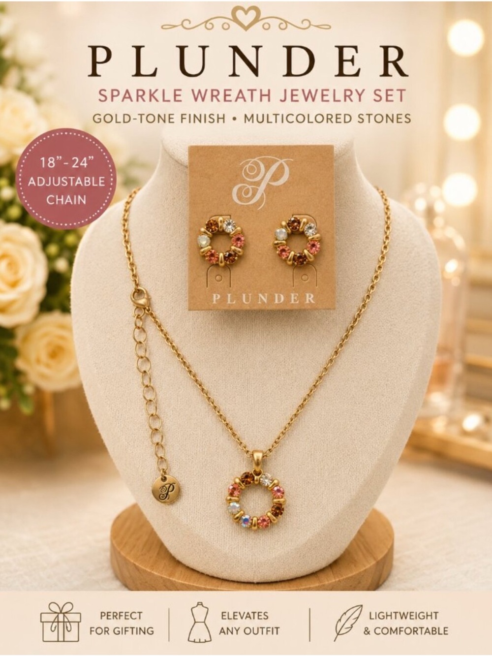 Plunder Crystal Wreath Multi-Color Gold Tone Necklace & Earring Set New